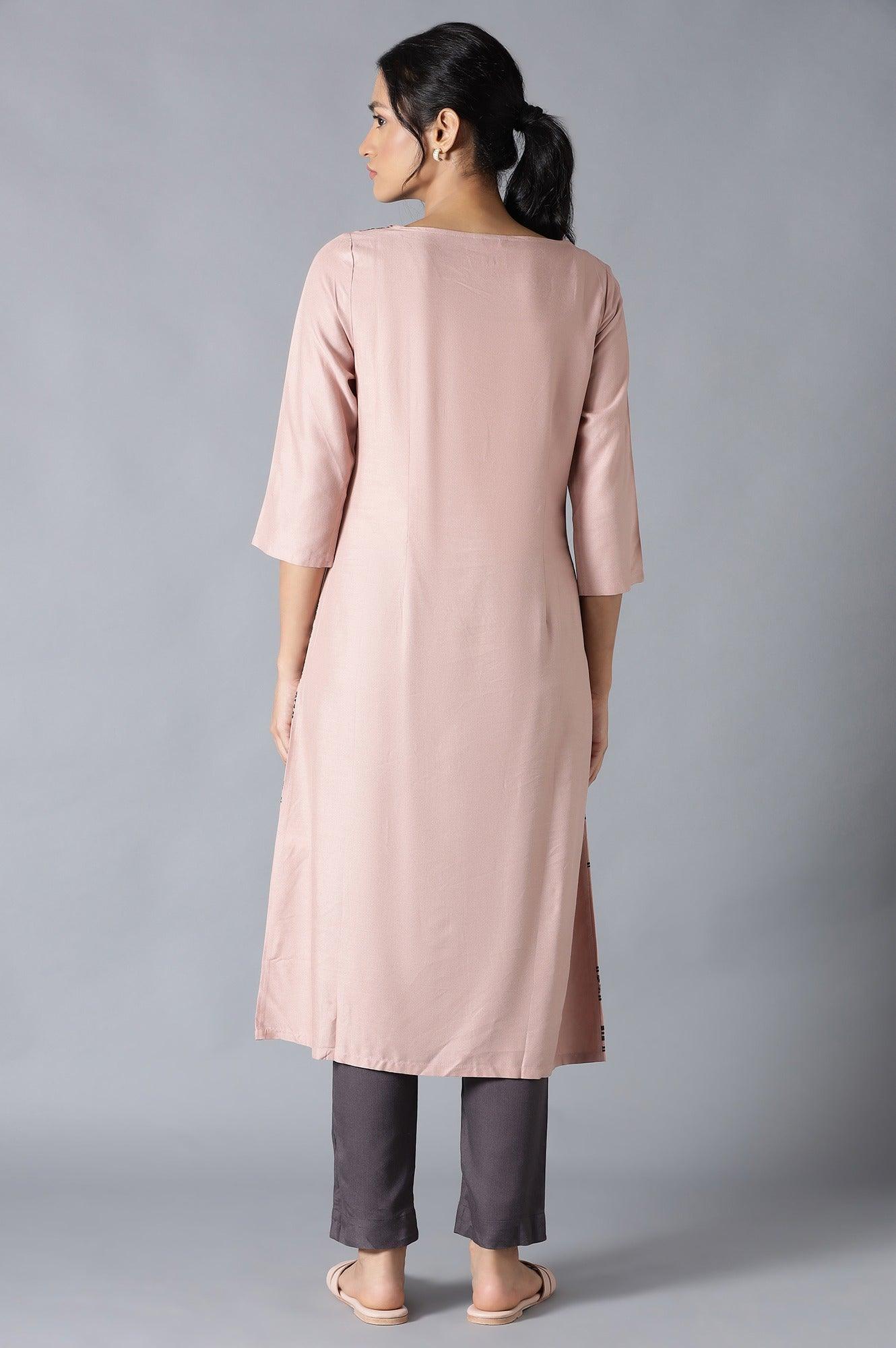 Salmon Pink Placement Print kurta - wforwoman