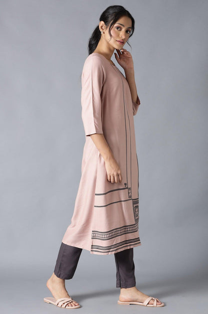 Salmon Pink Placement Print kurta - wforwoman