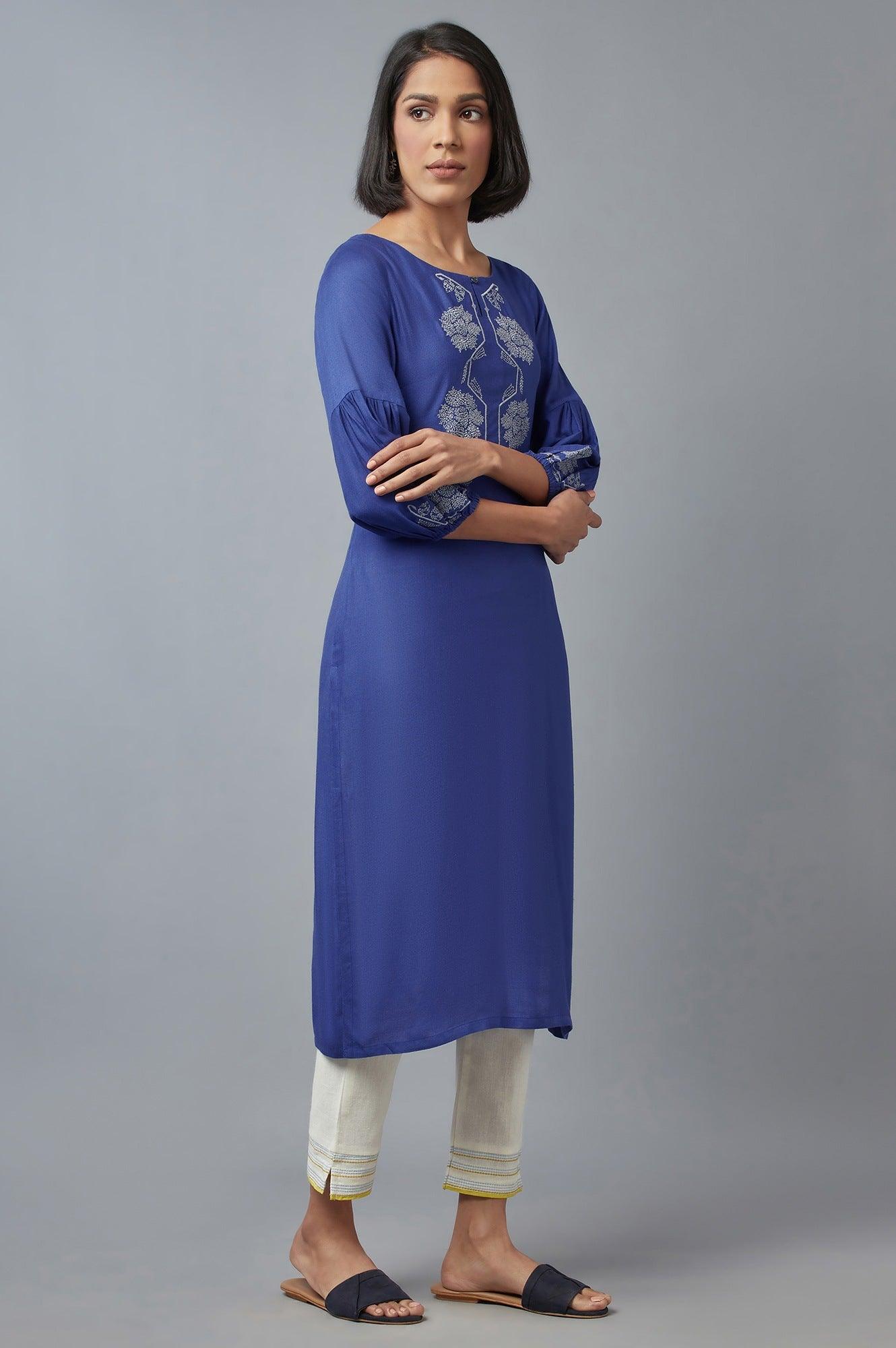 Cobalt Blue Embroidered kurta - wforwoman
