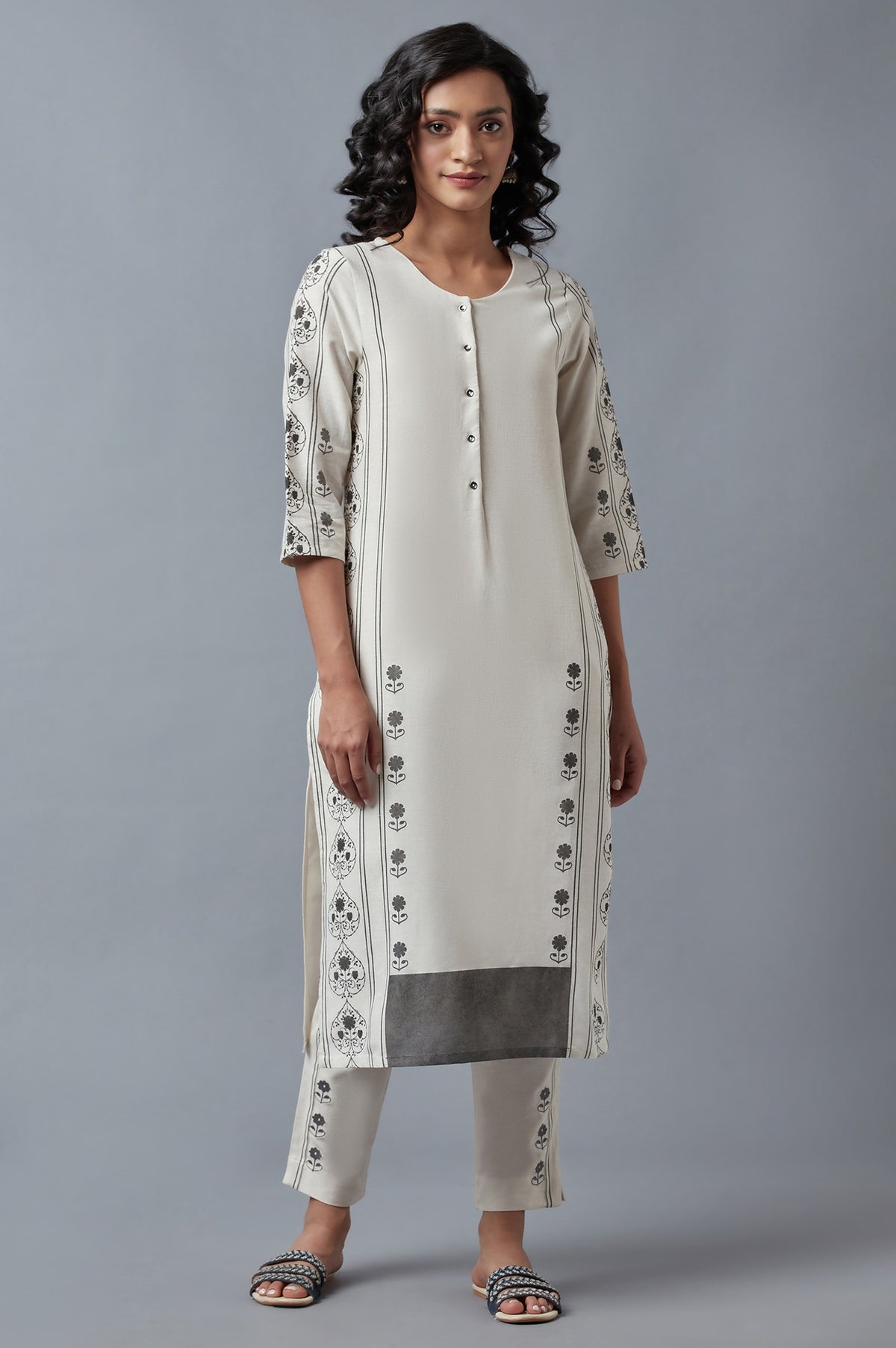 Ecru Printed Straight kurta - XS