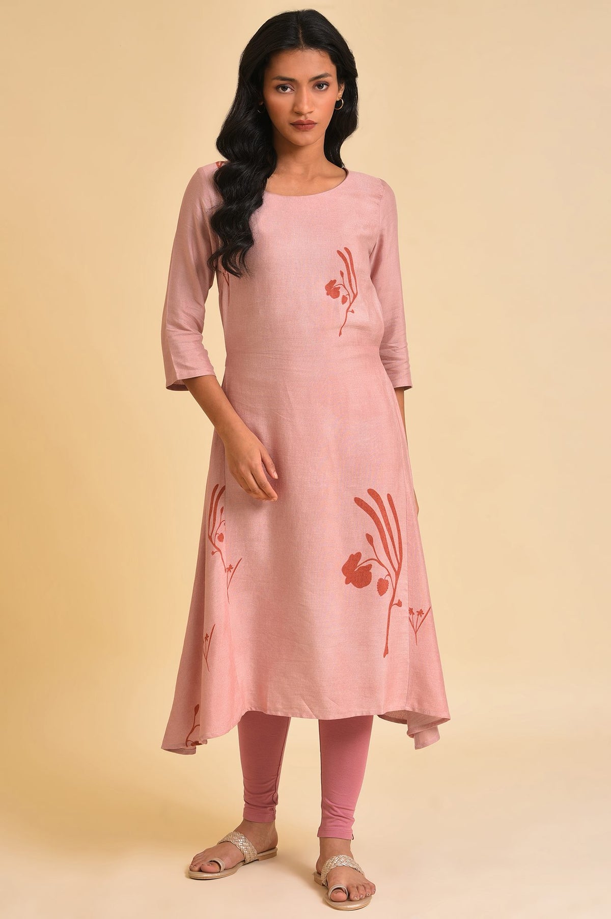 Crepe Pink A-Line Printed kurta - XS