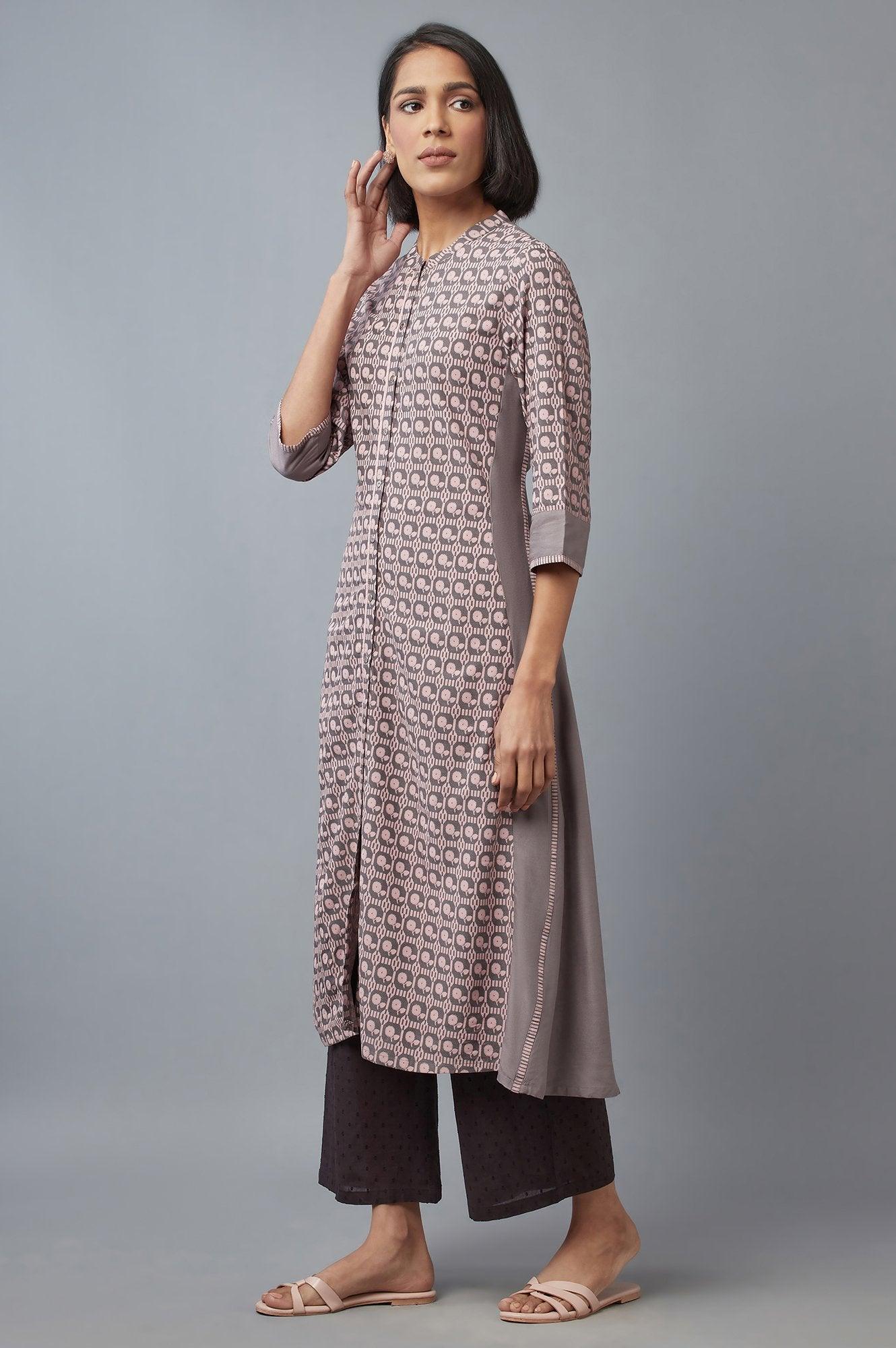 Pink and Grey Printed kurta - wforwoman