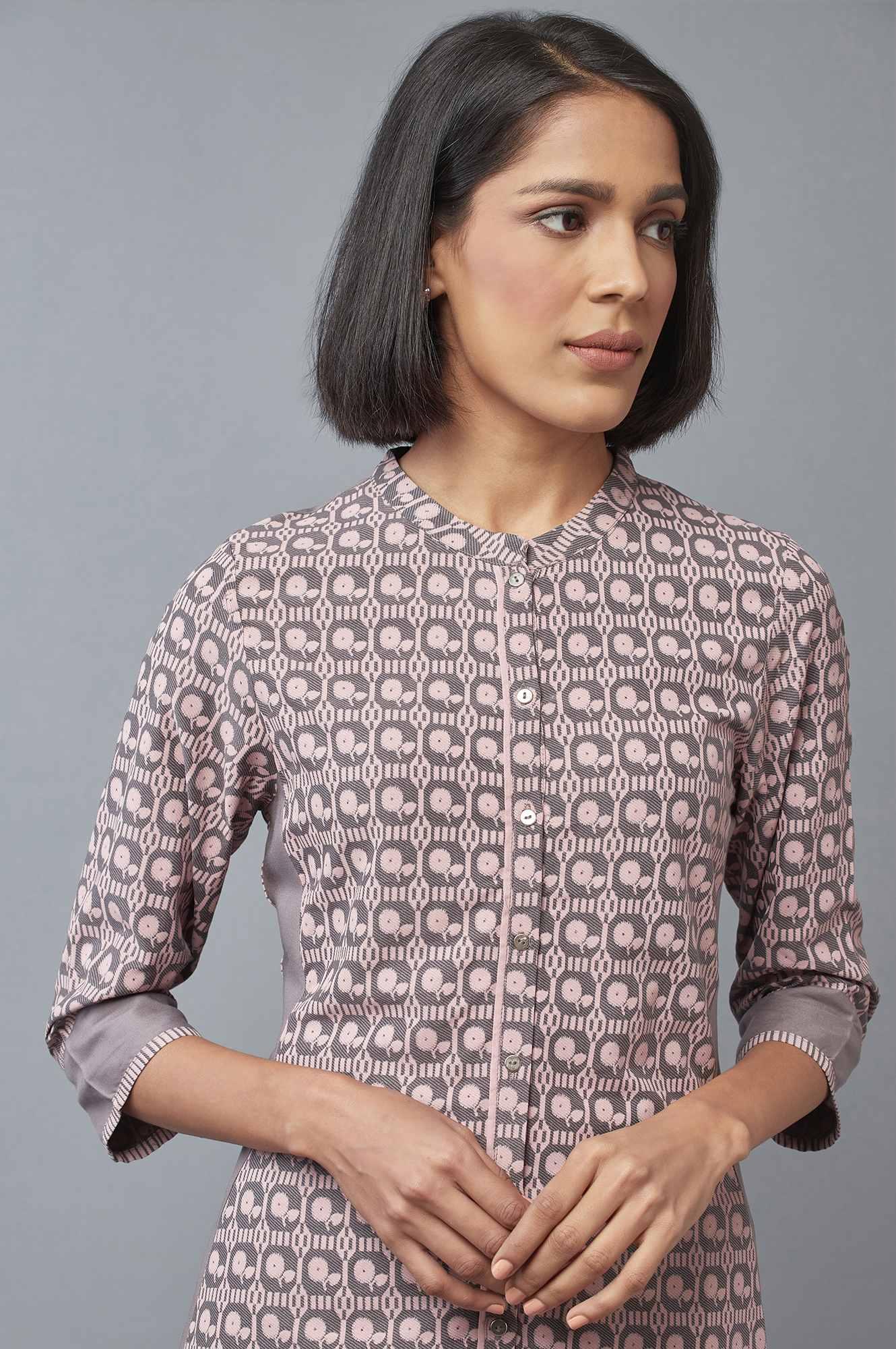 Pink and Grey Printed kurta - wforwoman