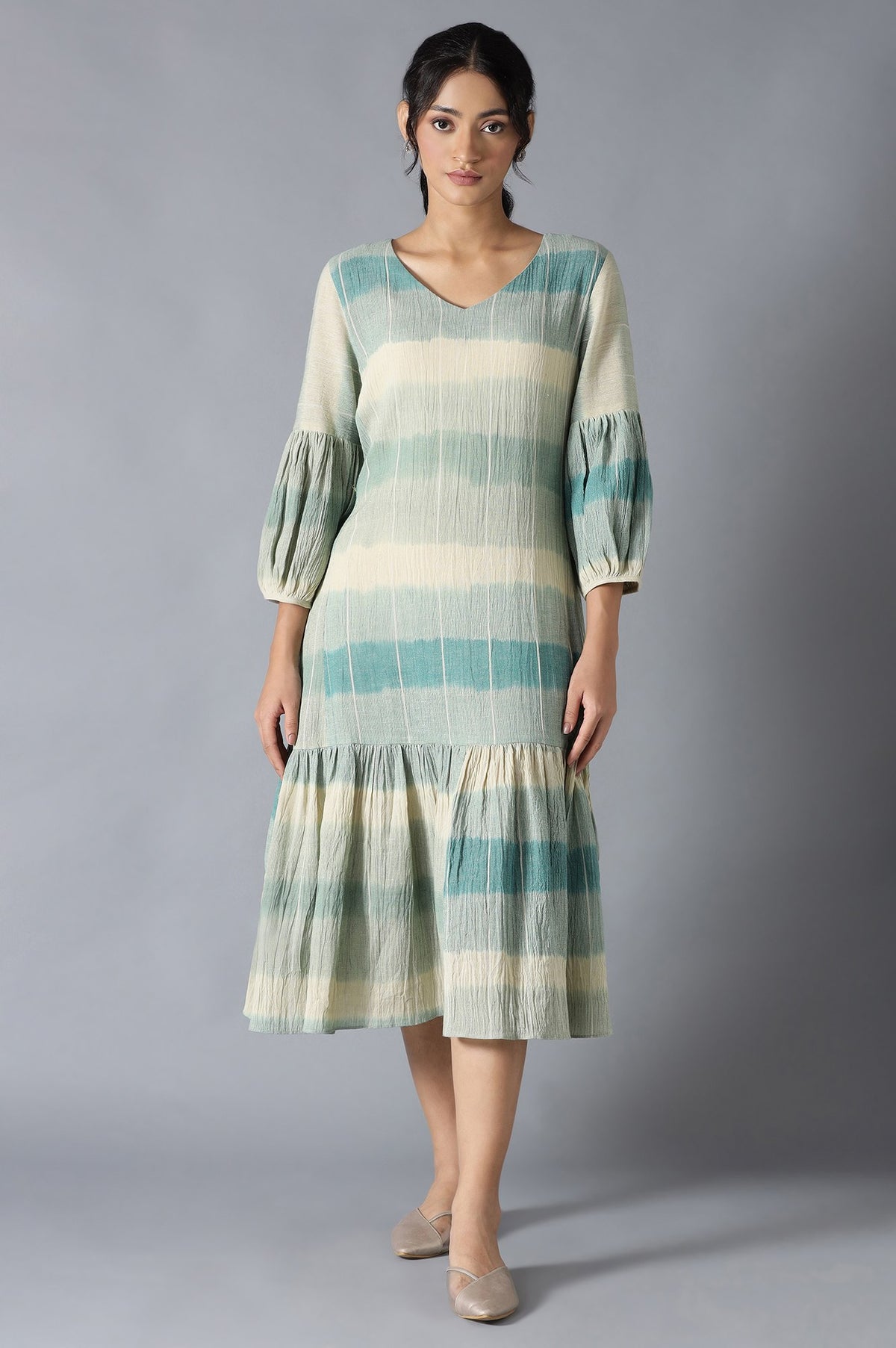 Multicoloured Ikkat Print Cotton Dress In V-Neck - XS