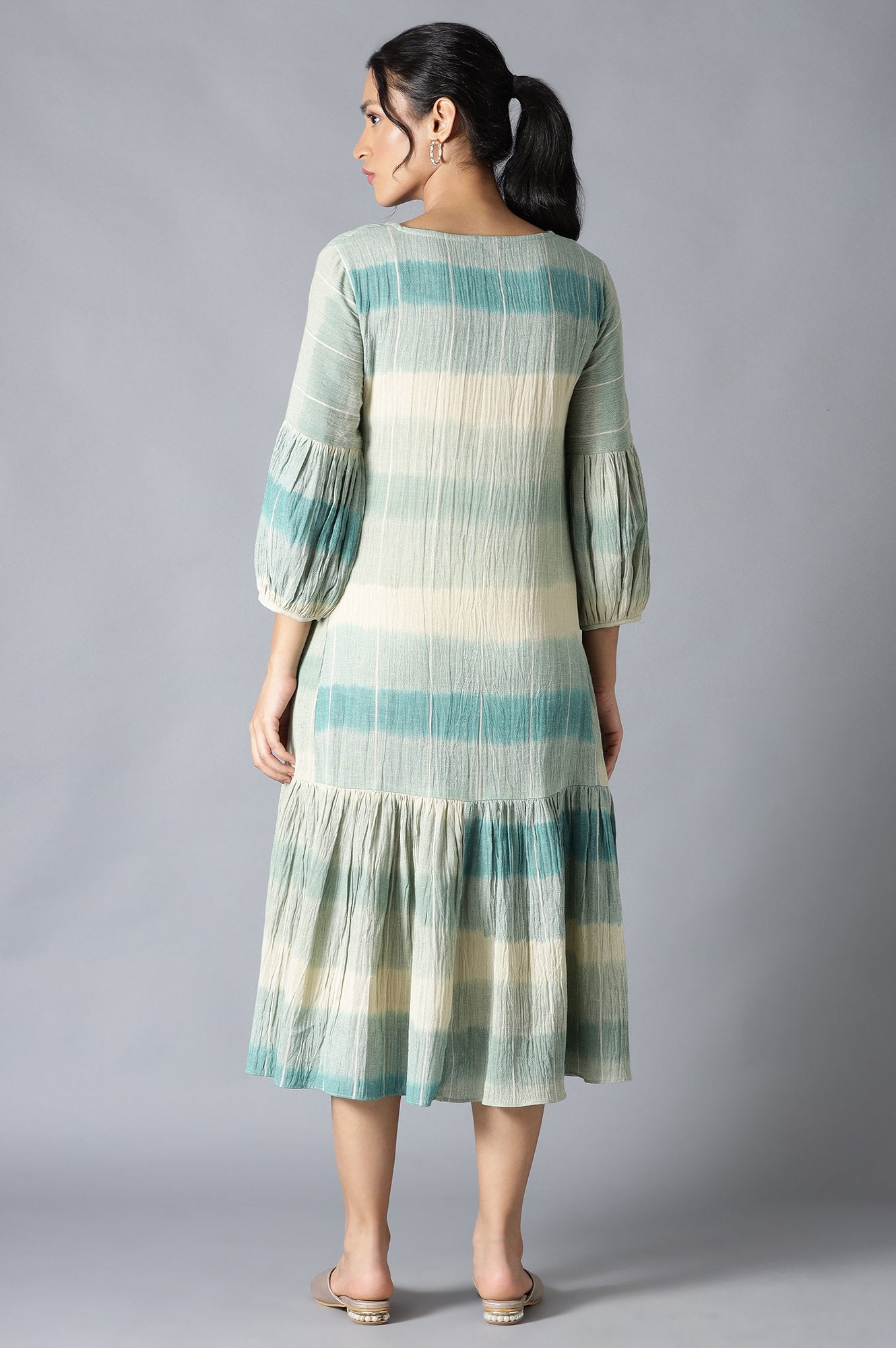 Multicoloured Ikkat Print Cotton Dress In V-Neck