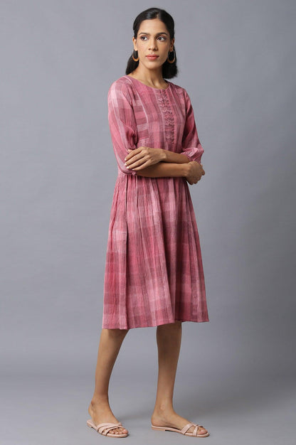 Dark Pink Ikkat Smoking Dress In Round Neck - wforwoman