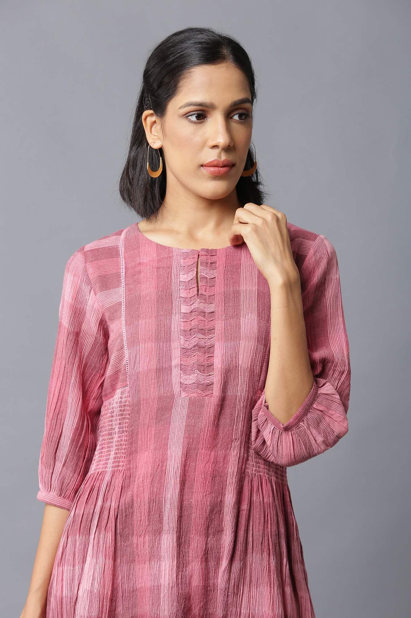 Dark Pink Ikkat Smoking Dress In Round Neck - wforwoman