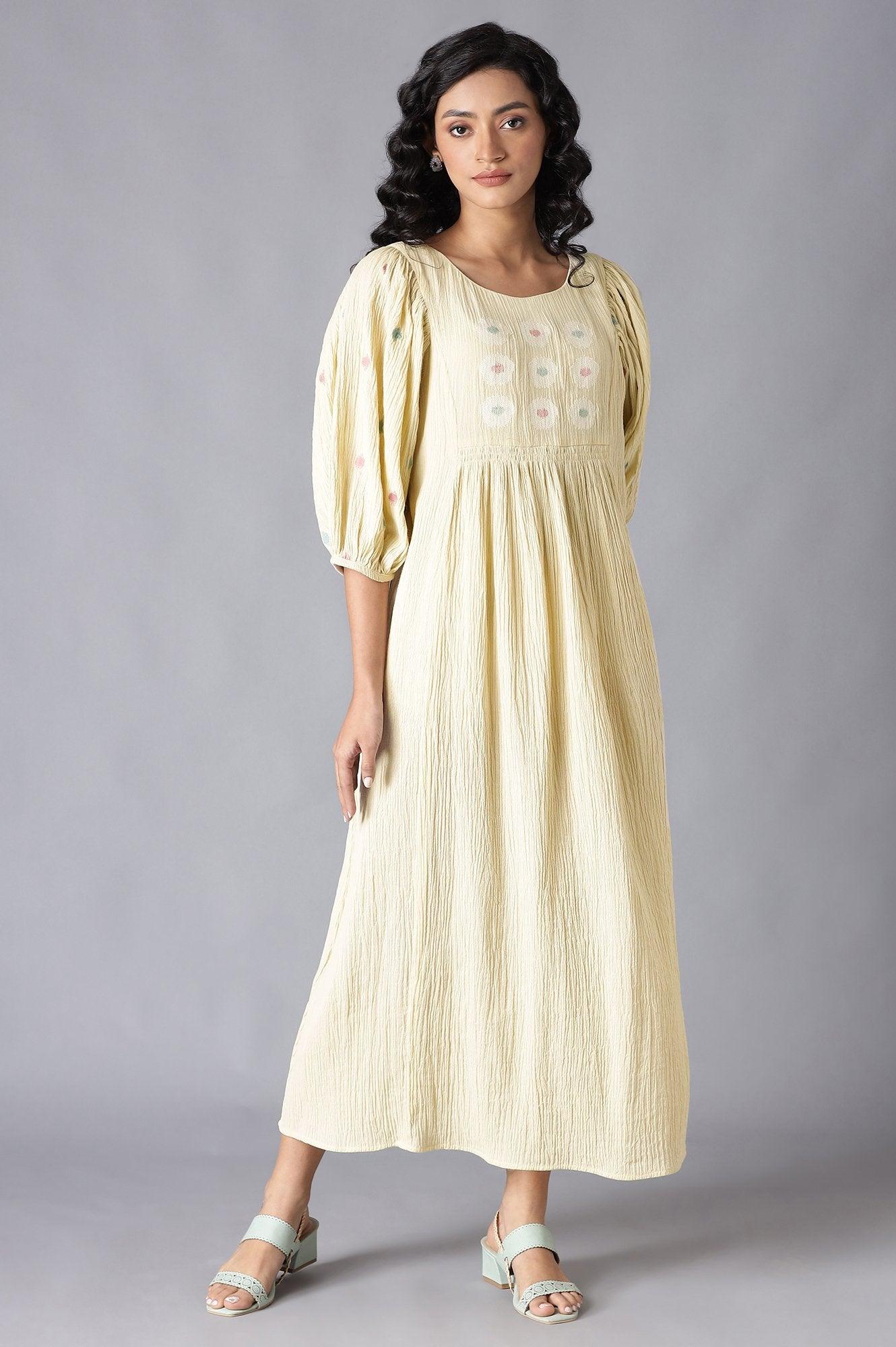 Ecru Flared Cotton Dress With Gathered Sleeves - wforwoman