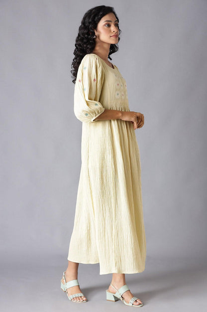 Ecru Flared Cotton Dress With Gathered Sleeves - wforwoman