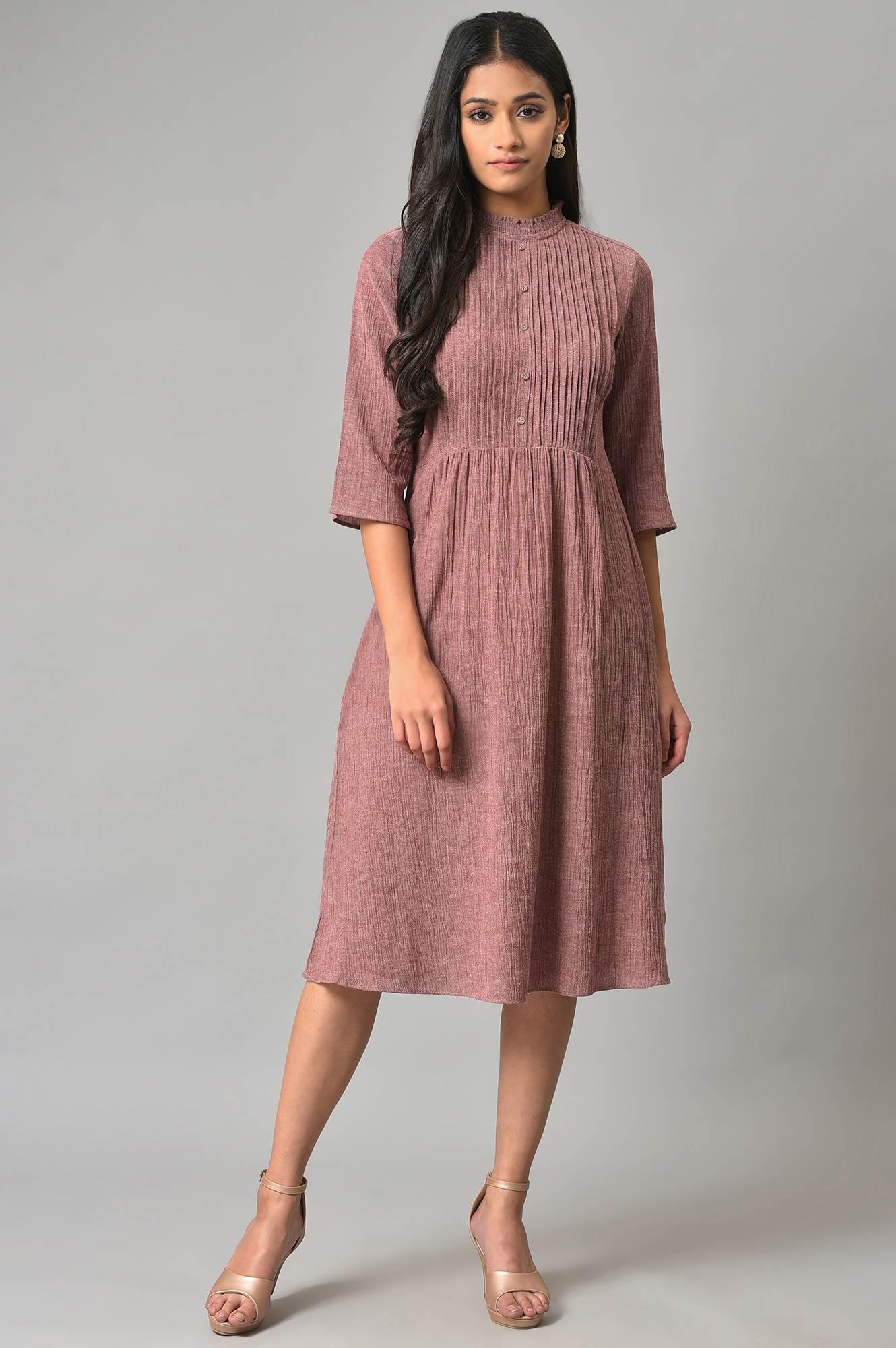 Dark Pink A-Line Cotton Dress With Pintucks - wforwoman