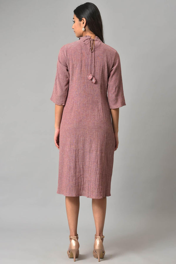 Dark Pink A-Line Cotton Dress With Pintucks