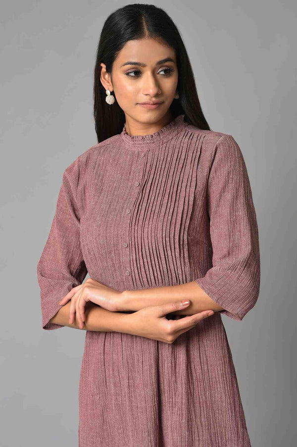 Dark Pink A-Line Cotton Dress With Pintucks