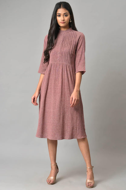 Dark Pink A-Line Cotton Dress With Pintucks - wforwoman