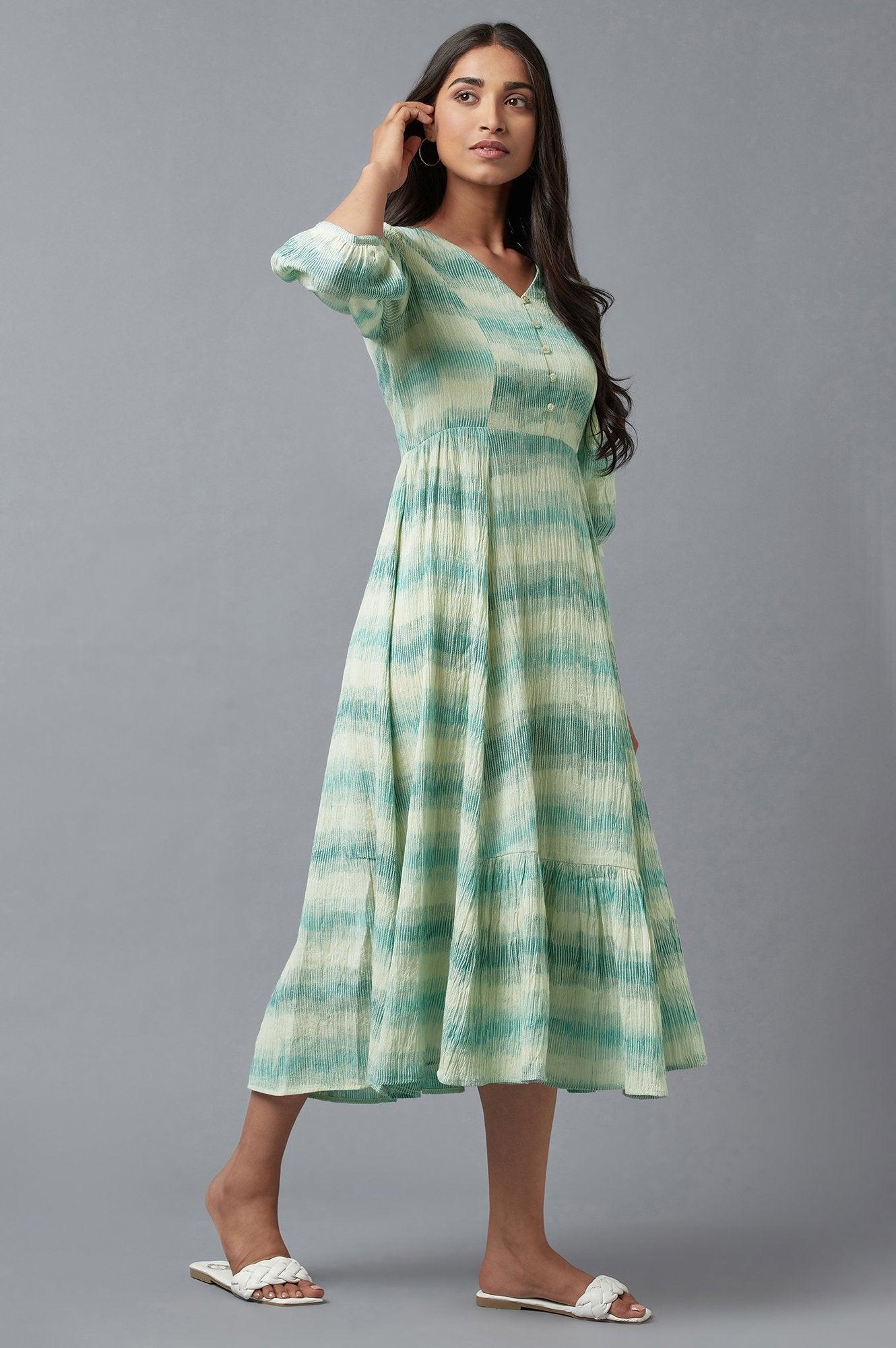 Ecru Gathered Ikat Print Dress In V-Neck - wforwoman