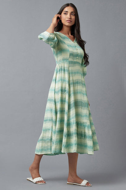 Ecru Gathered Ikat Print Dress In V-Neck - wforwoman