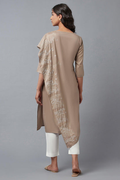 Beige Saree draped kurta In V-Neck With Thread Embroidery - wforwoman