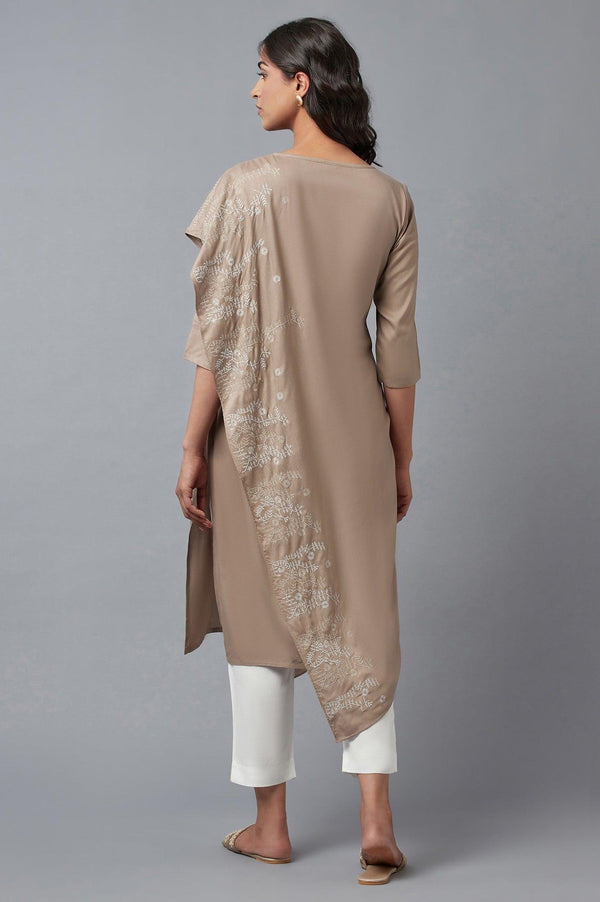 Beige Saree draped kurta In V-Neck With Thread Embroidery