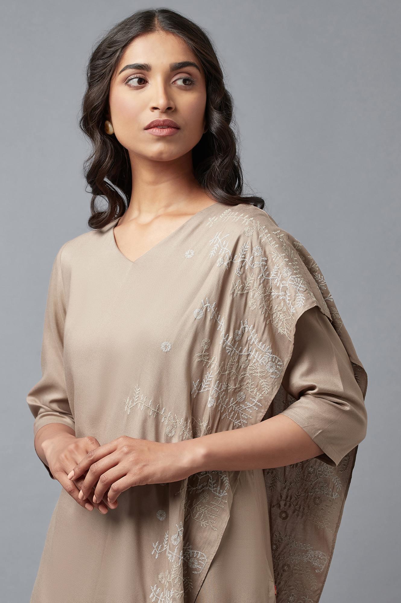 Beige Saree draped kurta In V-Neck With Thread Embroidery - wforwoman