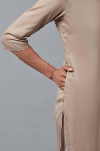 Beige Saree draped kurta In V-Neck With Thread Embroidery - wforwoman