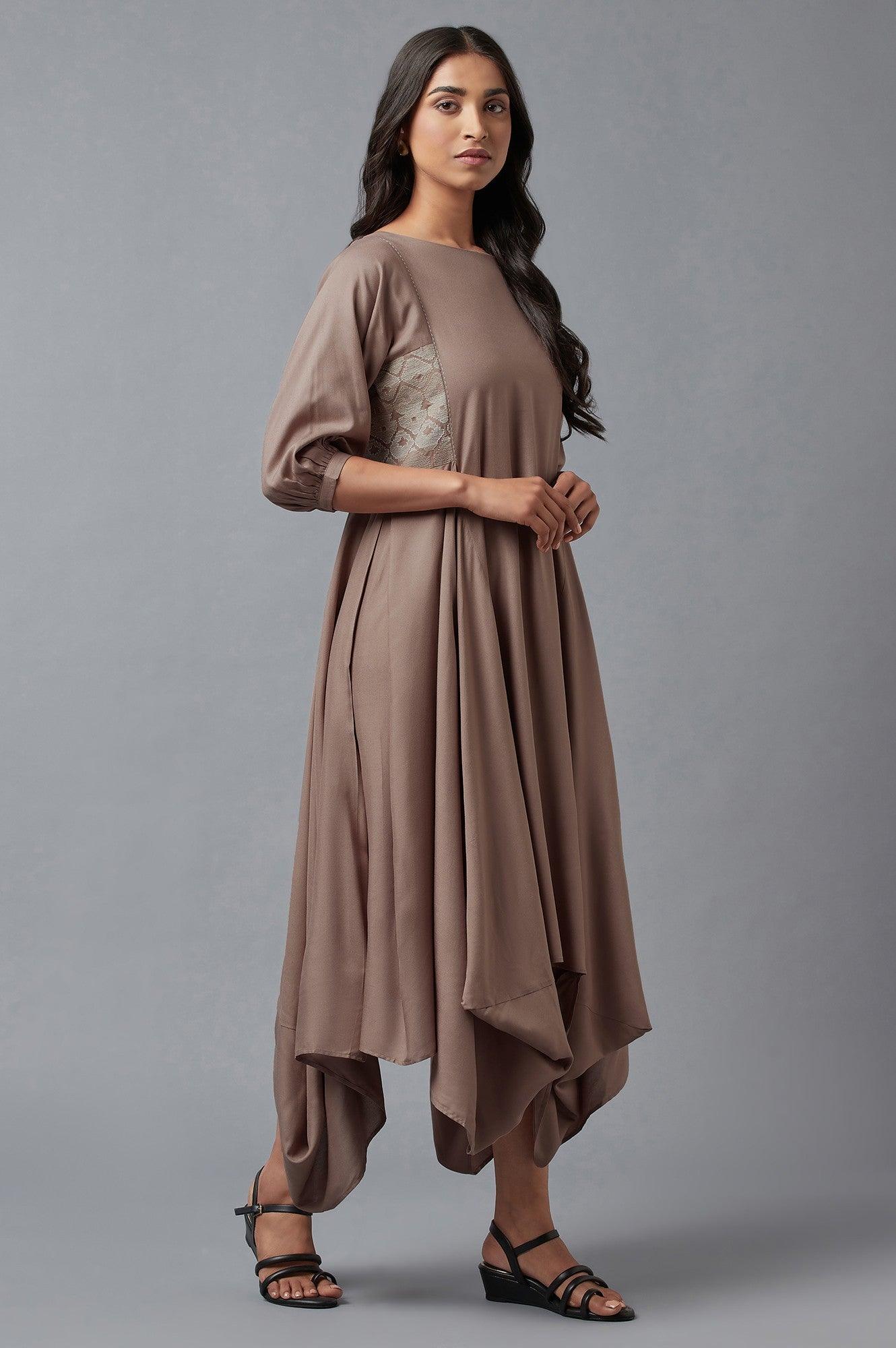 Beige Rayon kurta In Boat Neck With Embroidered Panel - wforwoman