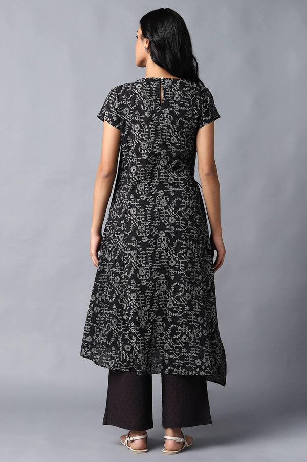 Black Angrakha Cotton kurta In Round Neck