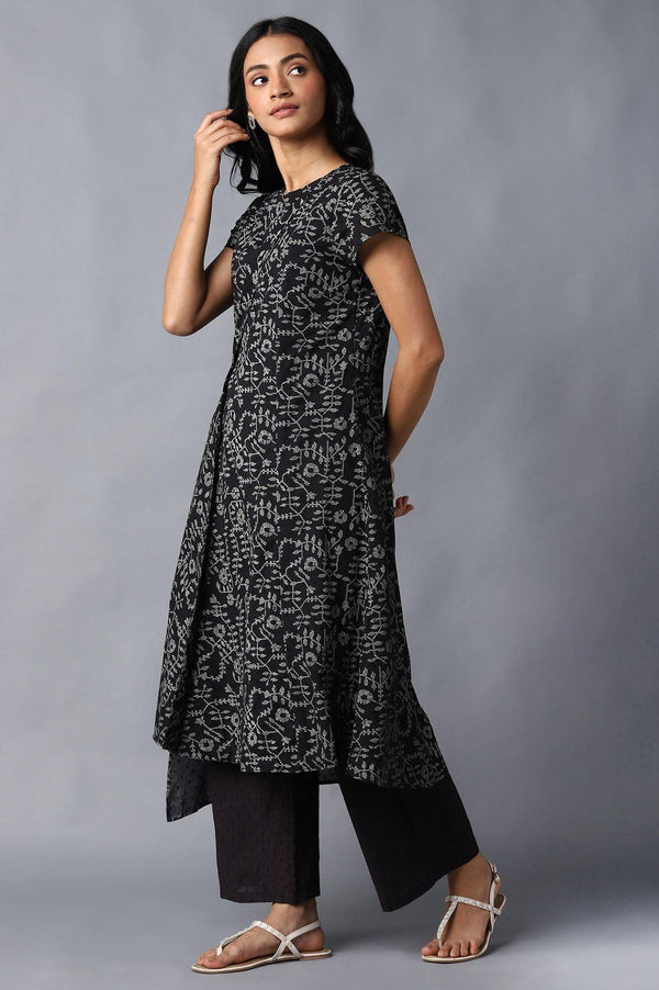 Black Angrakha Cotton kurta In Round Neck
