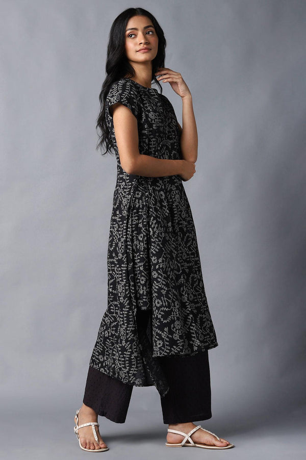 Black Angrakha Cotton kurta In Round Neck