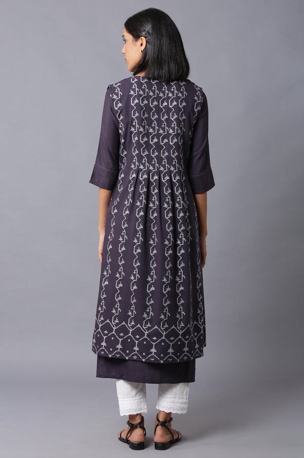 Dark Brown Box Pleated Jacket With Straight Solid kurta