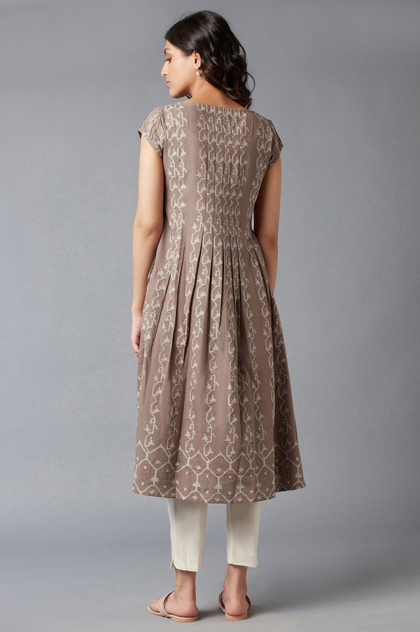 Beige Box Pleated kurta In Boat Neck