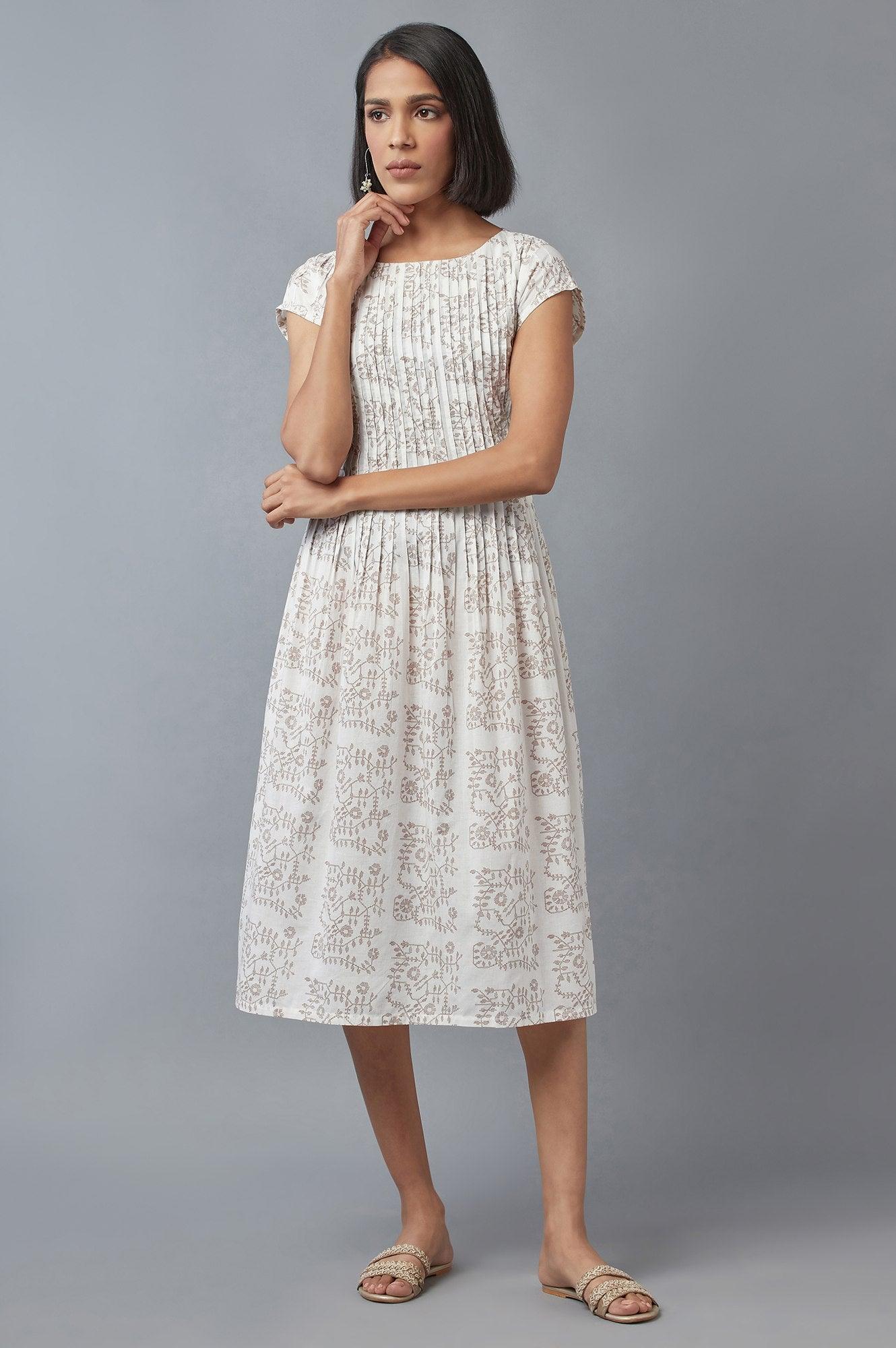 Ecru Flora Print Pleated kurta in Boat Neck - wforwoman