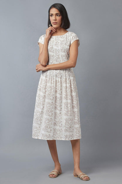 Ecru Flora Print Pleated kurta in Boat Neck - wforwoman