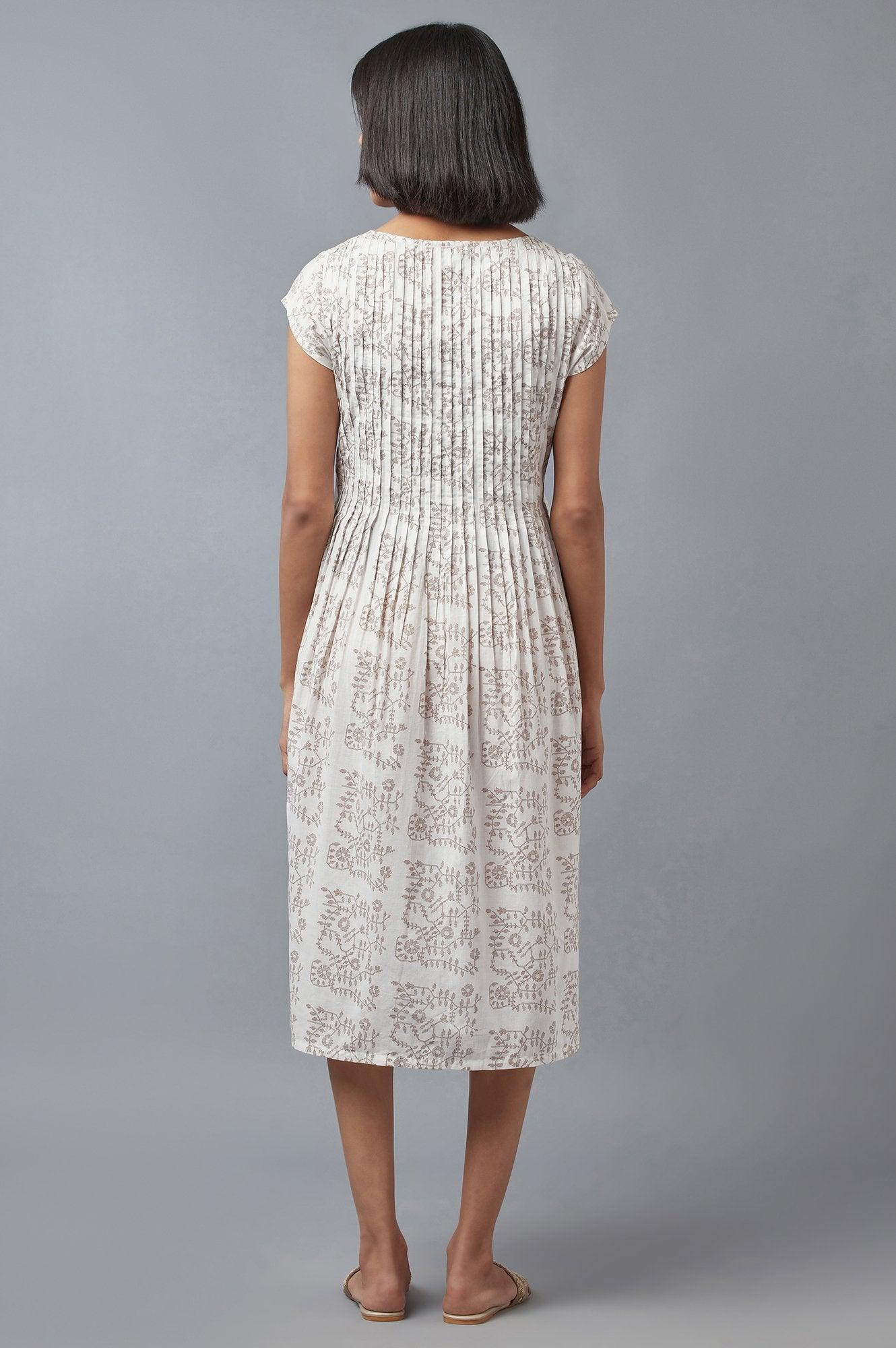 Ecru Flora Print Pleated kurta in Boat Neck - wforwoman