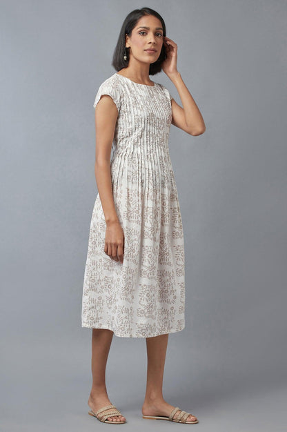 Ecru Flora Print Pleated kurta in Boat Neck - wforwoman