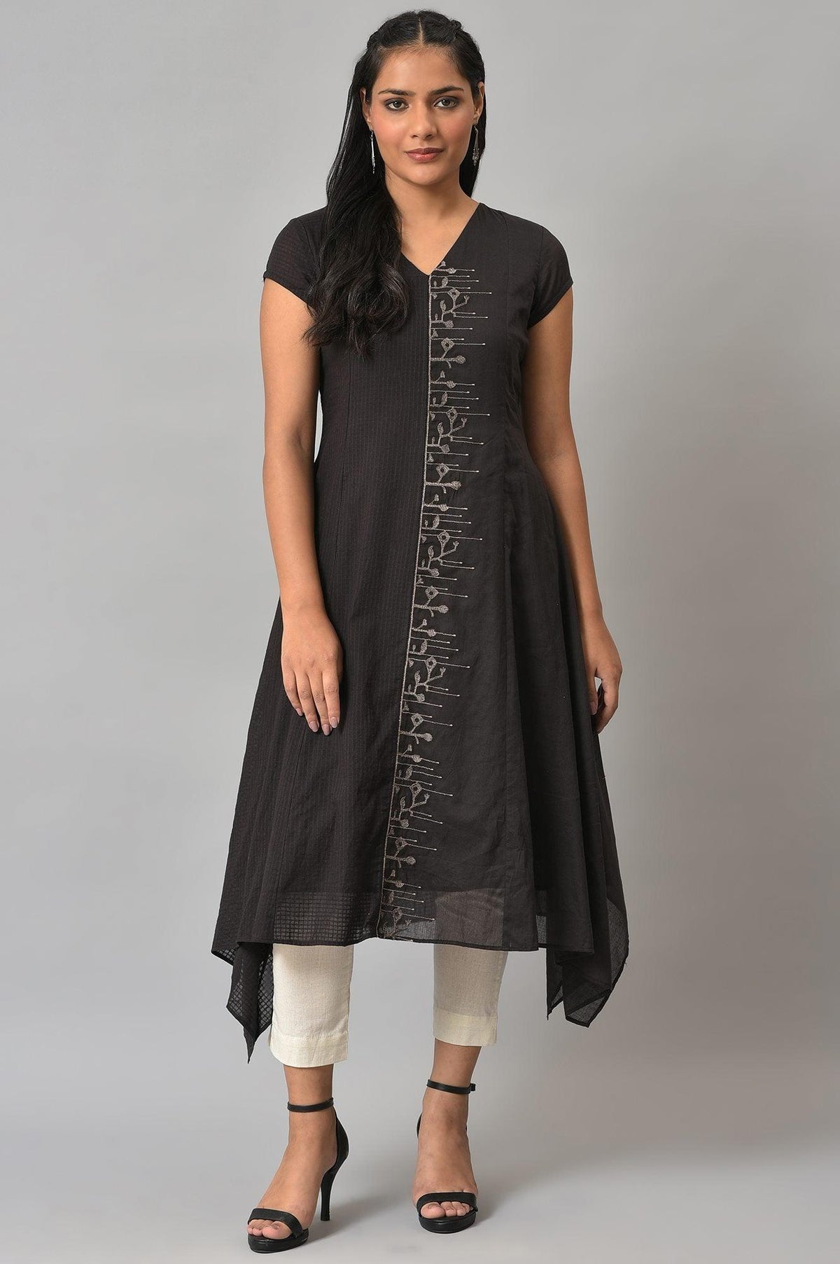Dark Brown Handkerchief Hemline kurta With Thread Embroidery - XS