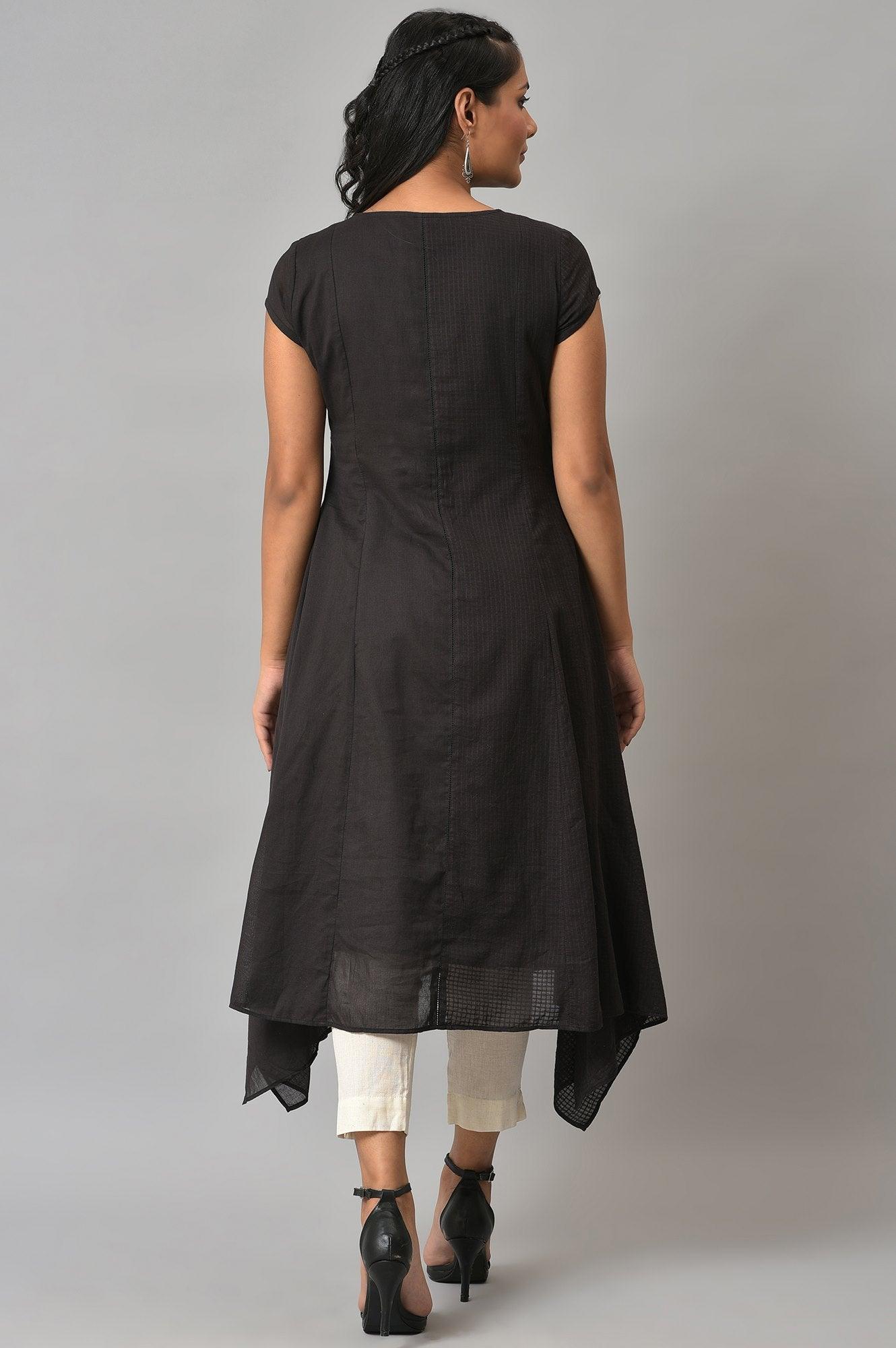 Dark Brown Handkerchief Hemline kurta With Thread Embroidery - wforwoman