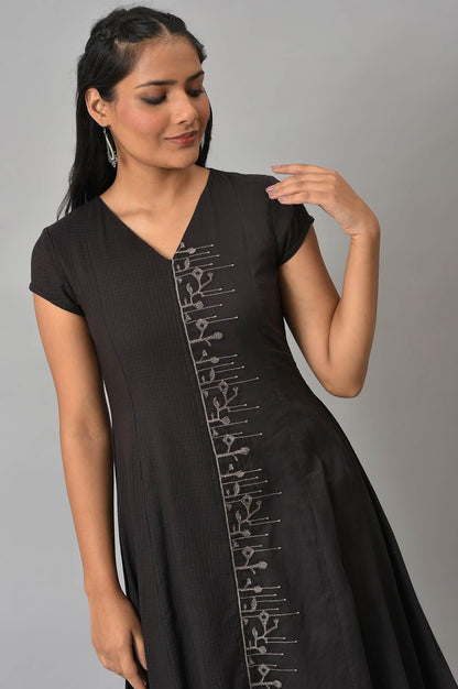 Dark Brown Handkerchief Hemline kurta With Thread Embroidery - wforwoman