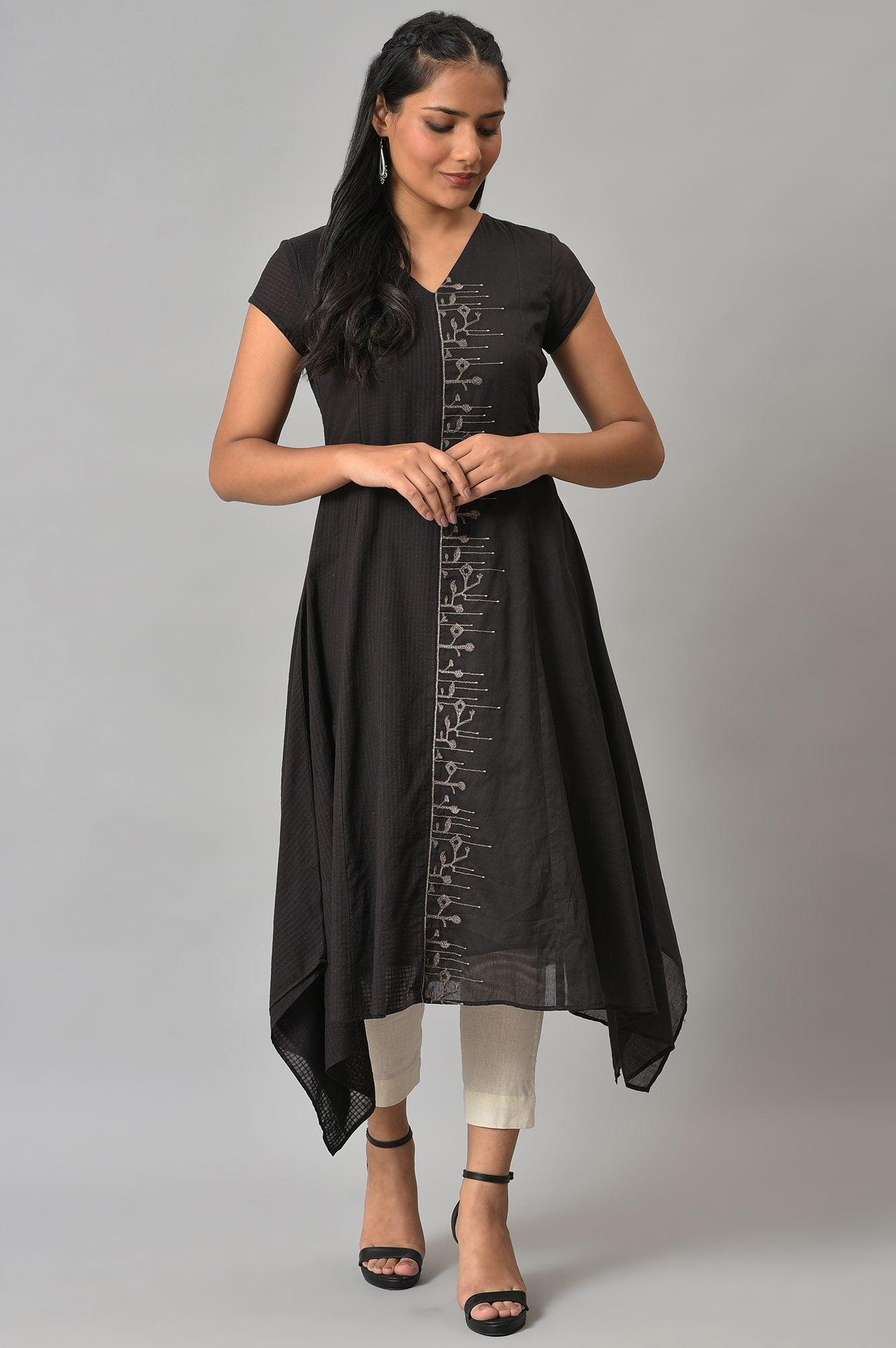 Dark Brown Handkerchief Hemline kurta With Thread Embroidery - wforwoman