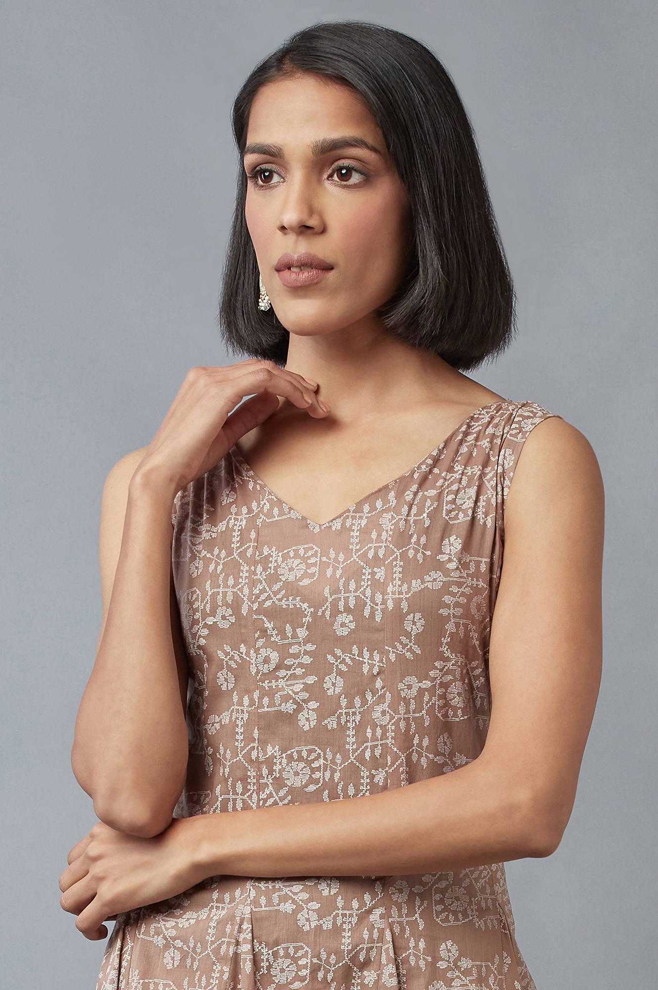 Beige Flared kurta with Godets and V-neck - wforwoman