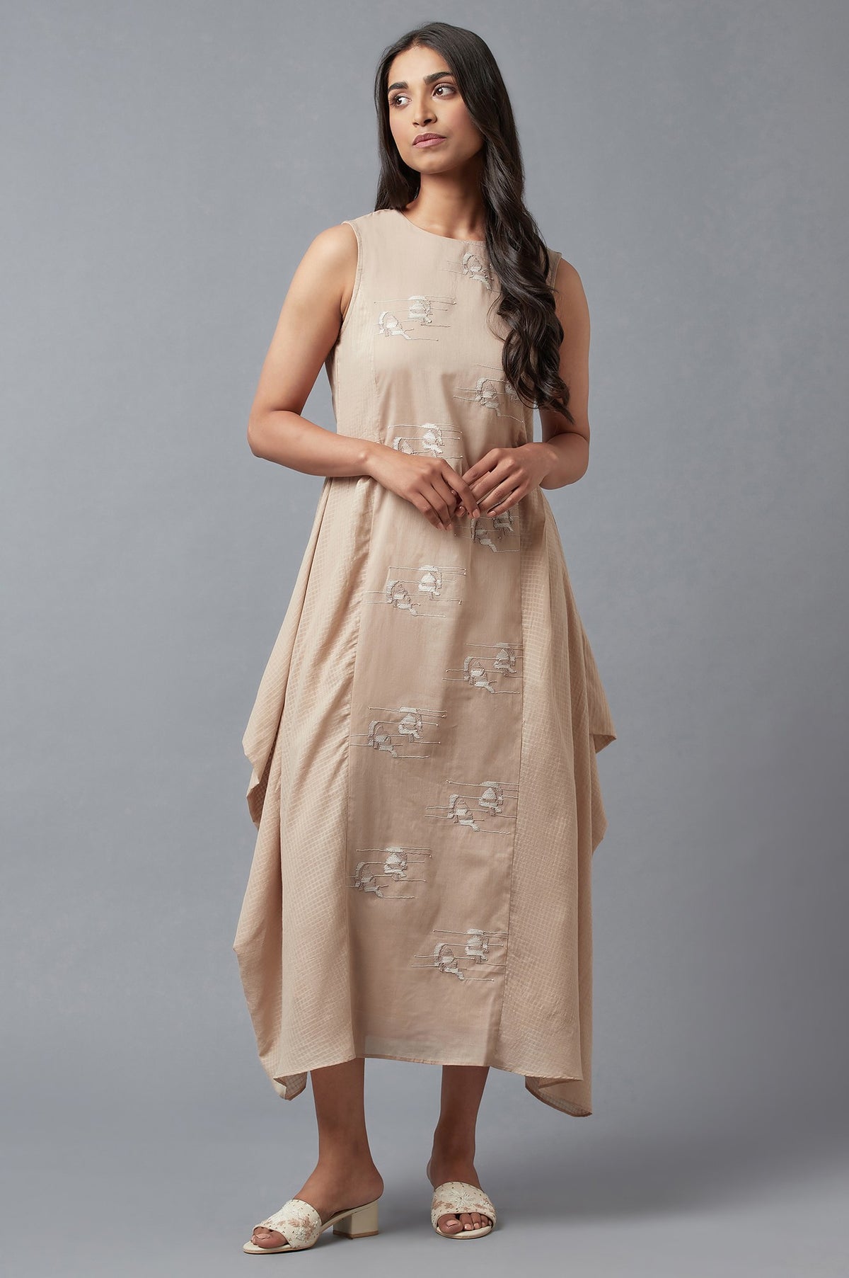 Beige Embroidered Cowl Dress In Round Neck - S