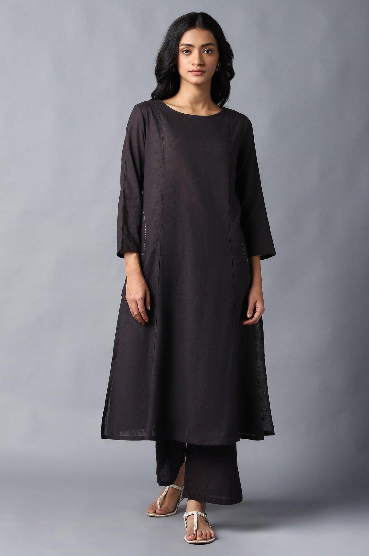 Dark Brown Classic A-Line kurta With Kantha In Round Neck - XS