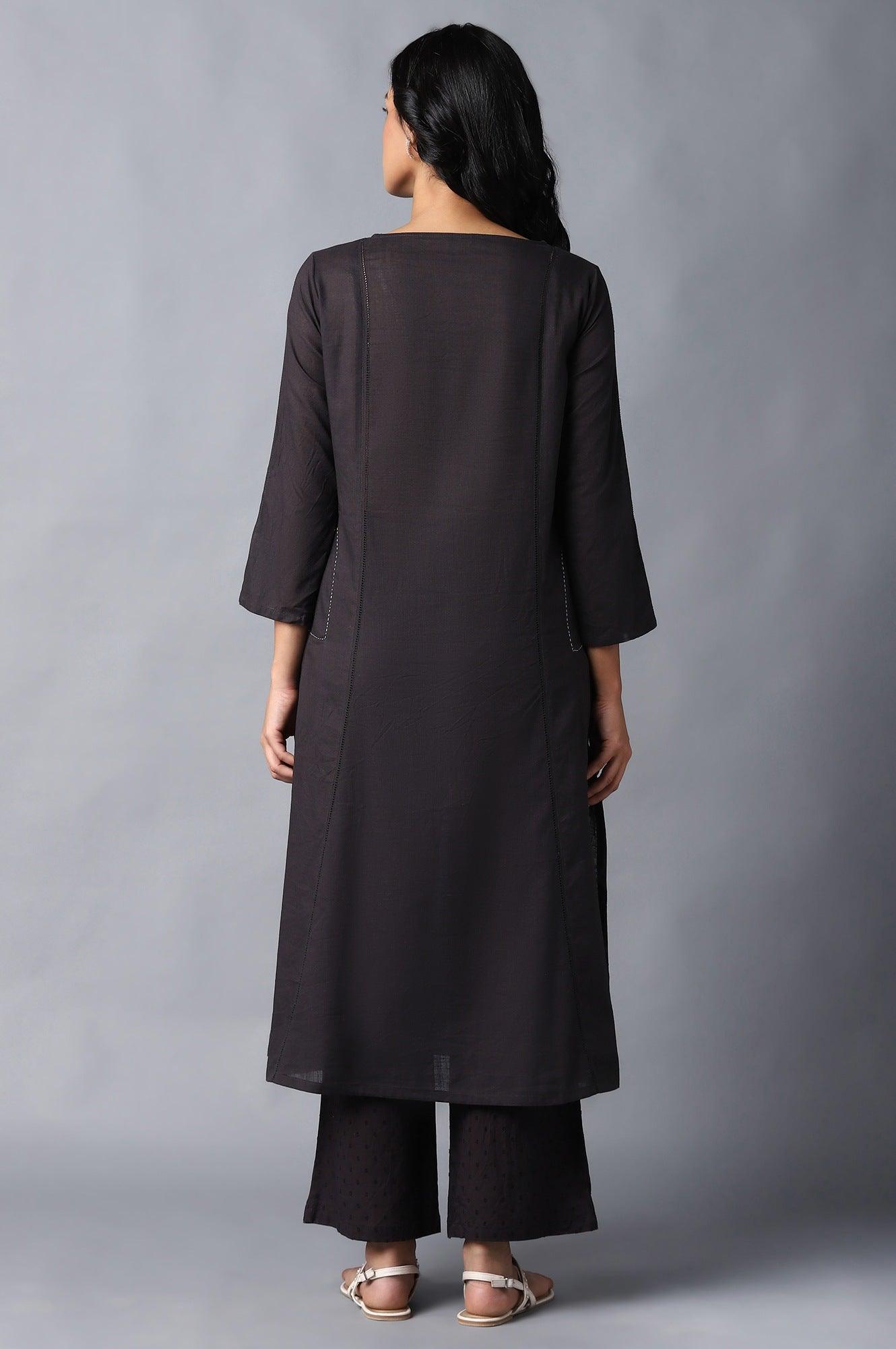 Dark Brown Classic A-Line kurta With Kantha In Round Neck - wforwoman