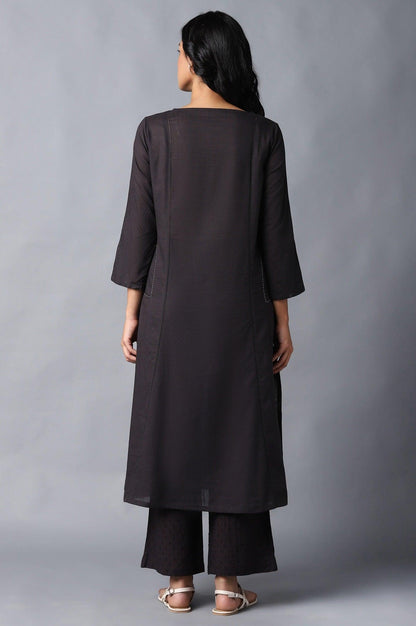 Dark Brown Classic A-Line kurta With Kantha In Round Neck - wforwoman
