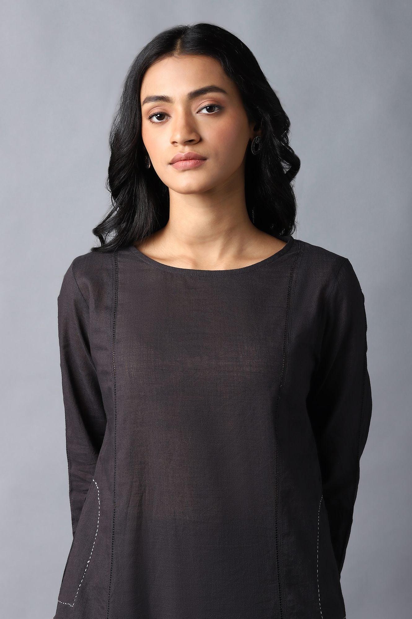 Dark Brown Classic A-Line kurta With Kantha In Round Neck - wforwoman