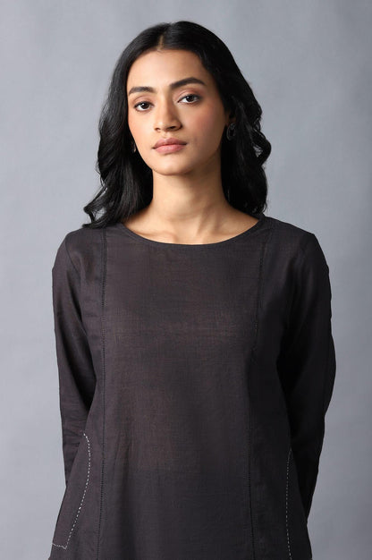 Dark Brown Classic A-Line kurta With Kantha In Round Neck - wforwoman