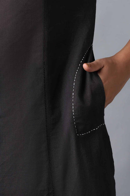 Dark Brown Classic A-Line kurta With Kantha In Round Neck - wforwoman