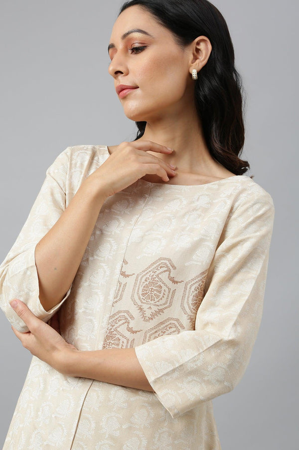 Beige Asymmetric Paisley Print kurta In Boat Neck