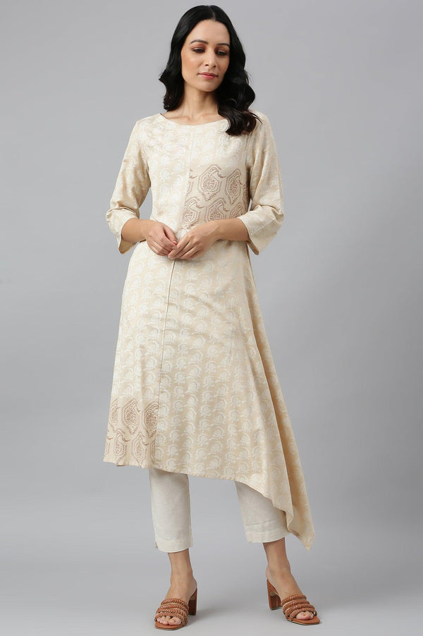 Beige Asymmetric Paisley Print kurta In Boat Neck