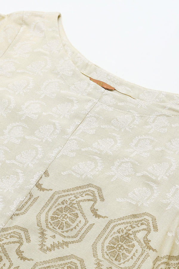 Beige Asymmetric Paisley Print kurta In Boat Neck