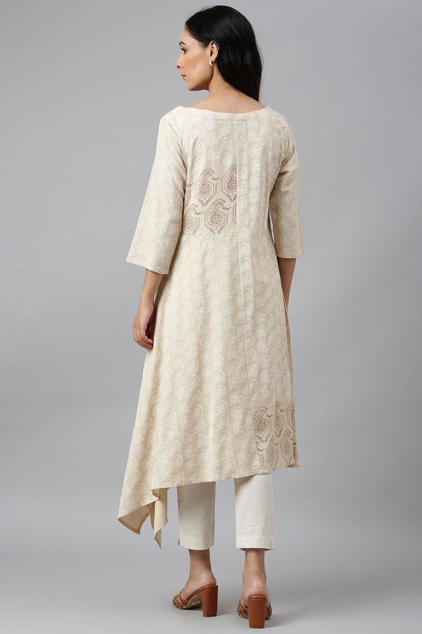 Beige Asymmetric Paisley Print kurta In Boat Neck