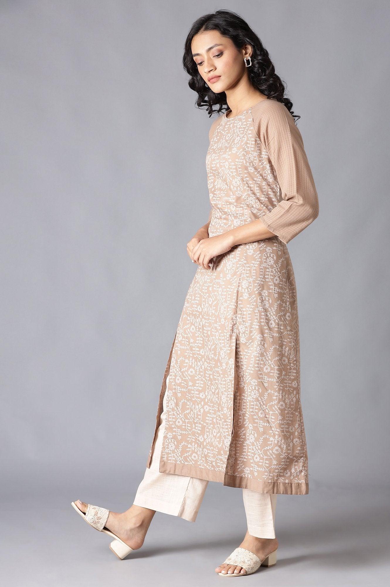 Beige Floral Print Raglan Sleeve kurta In Round Neck - wforwoman